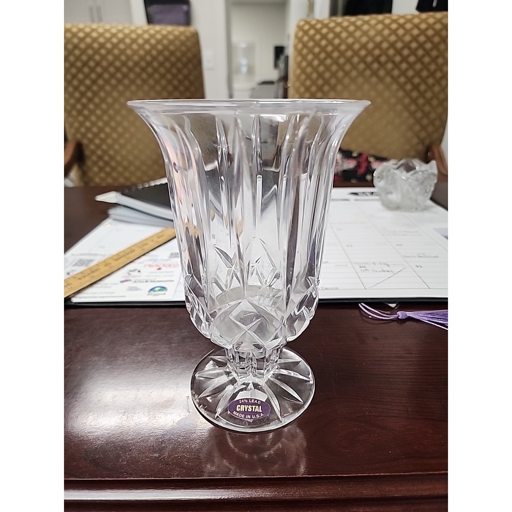 Vintage DePlomb 24%‎ Lead Crystal  Footed Vase 6 3/4" X 4" . Heavy Cut Geometric